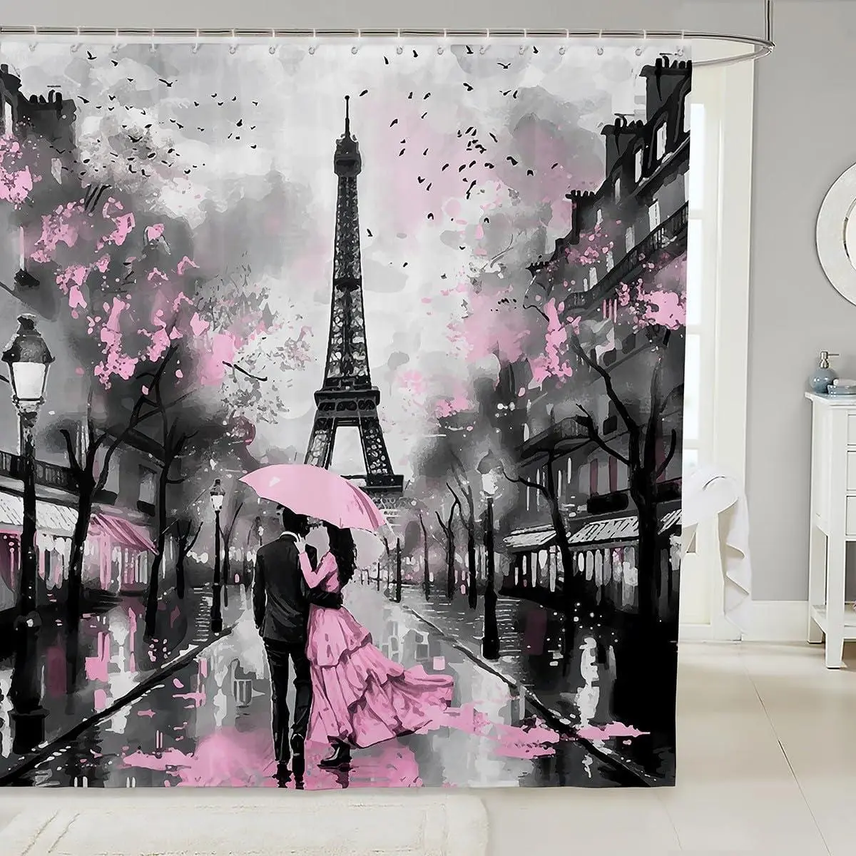 Eiffel Tower Shower Curtain Romantic Paris Theme Cloth Fabric Bathroom Curtain Couple Women Bathtubs Decor Paris Cityscape Bath Curtain French Style Bathroom Accessories Pink Gray