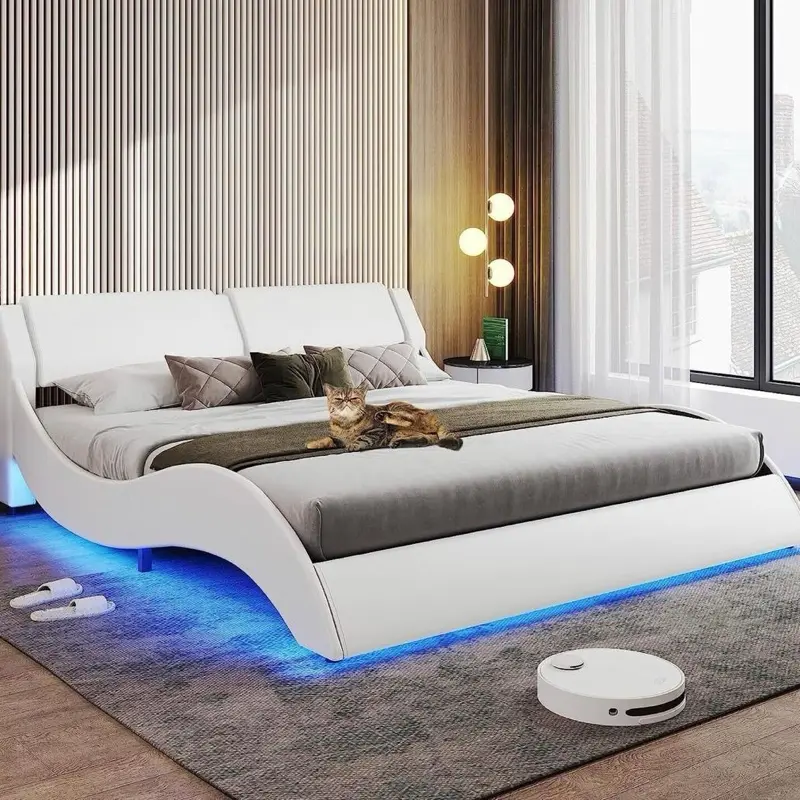Queen Size Bed Frame Modern Faux Leather Upholstered Platform with LED Lights
