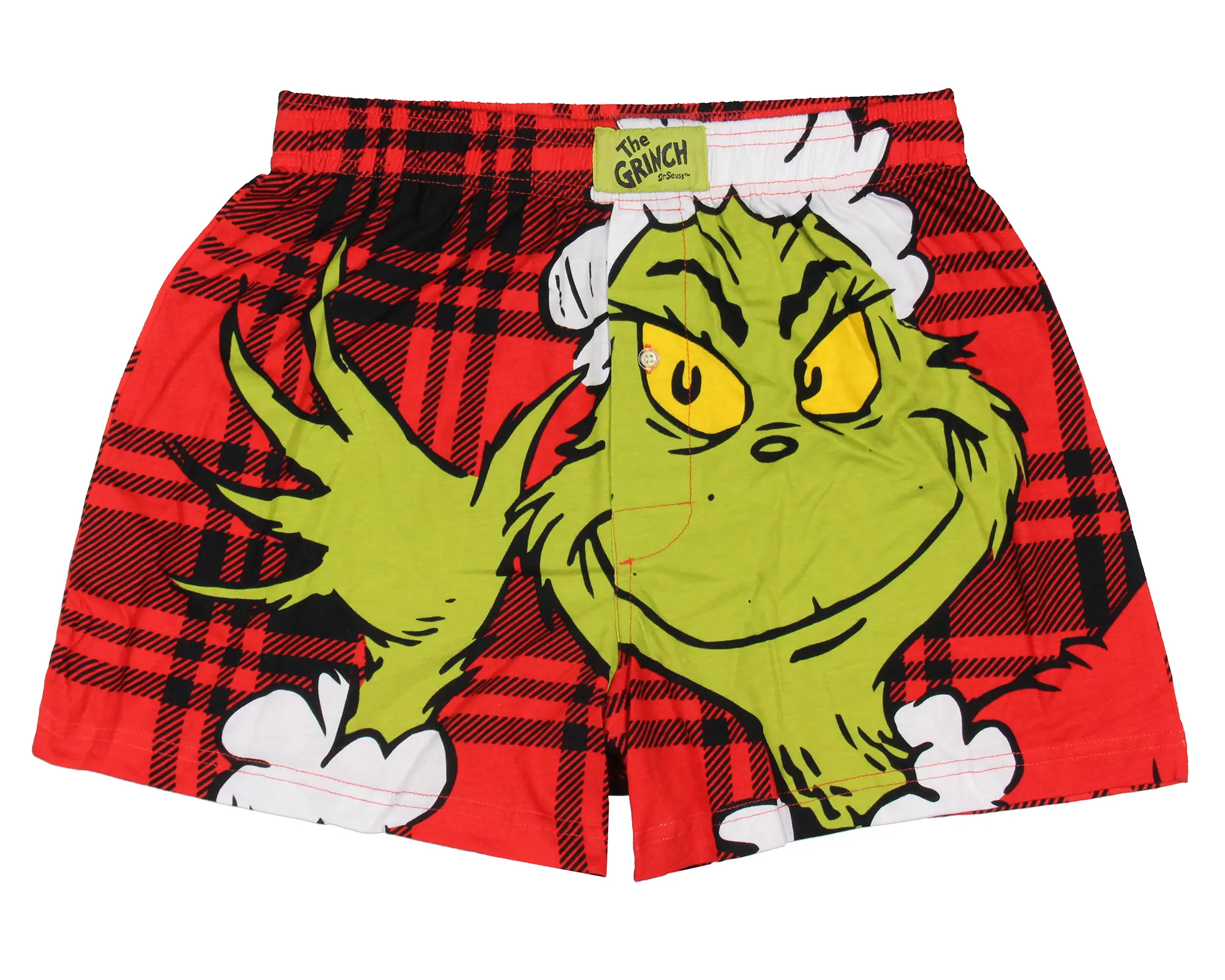 Dr. Seuss' The Grinch Men's Relaxed Fit Plaid Boxers, Breathable Multicolored Casual Lounge and Sleepwear with Button Fly, Menswear