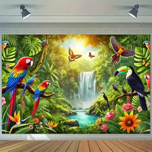 Vibrant Parrot Waterfall Backdrop Tropical Jungle Backdrop Exotic Bird Background Cloth Nature Tapestry Wall Hanging Photography Background Polyester Fiber Birthday Party Holiday Event Studio Decor Studio Prop Wall Art