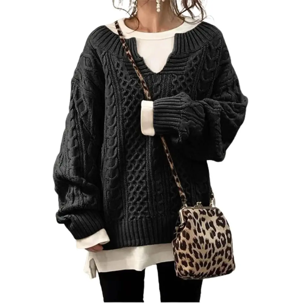 Chouyatou Women's Winter Comfy Chunky V-Neck Long Sleeve Loose Cable Knitting Straight Sweater Pullover, Skinny-Friendly Fall Outfits T-Shirt Alternative