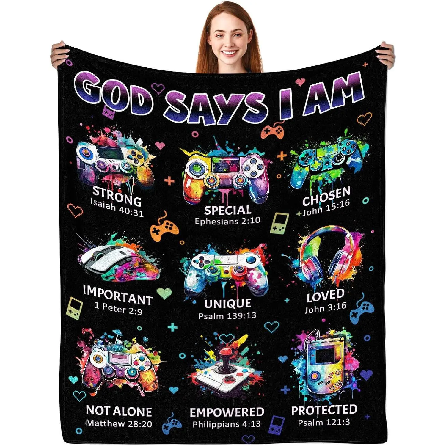 Wrinkle-Resistant Durable Christian Throw Blanket, Bow Blue Gaming Controller Pattern, Bible Verse Inspirational, Religious Birthday Gift for Game-Loving Teens