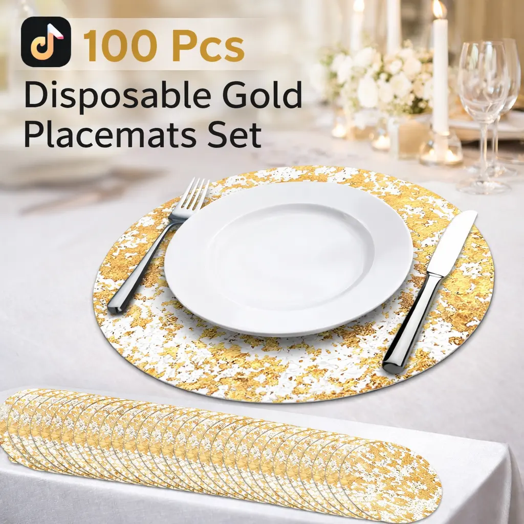 100 Pcs Thin Gold Foil Mesh Placemats - 13 in Round Disposable Metallic Tableware, Ideal as Table Doilies or Runner for Birthday, Thanksgiving, Party Events