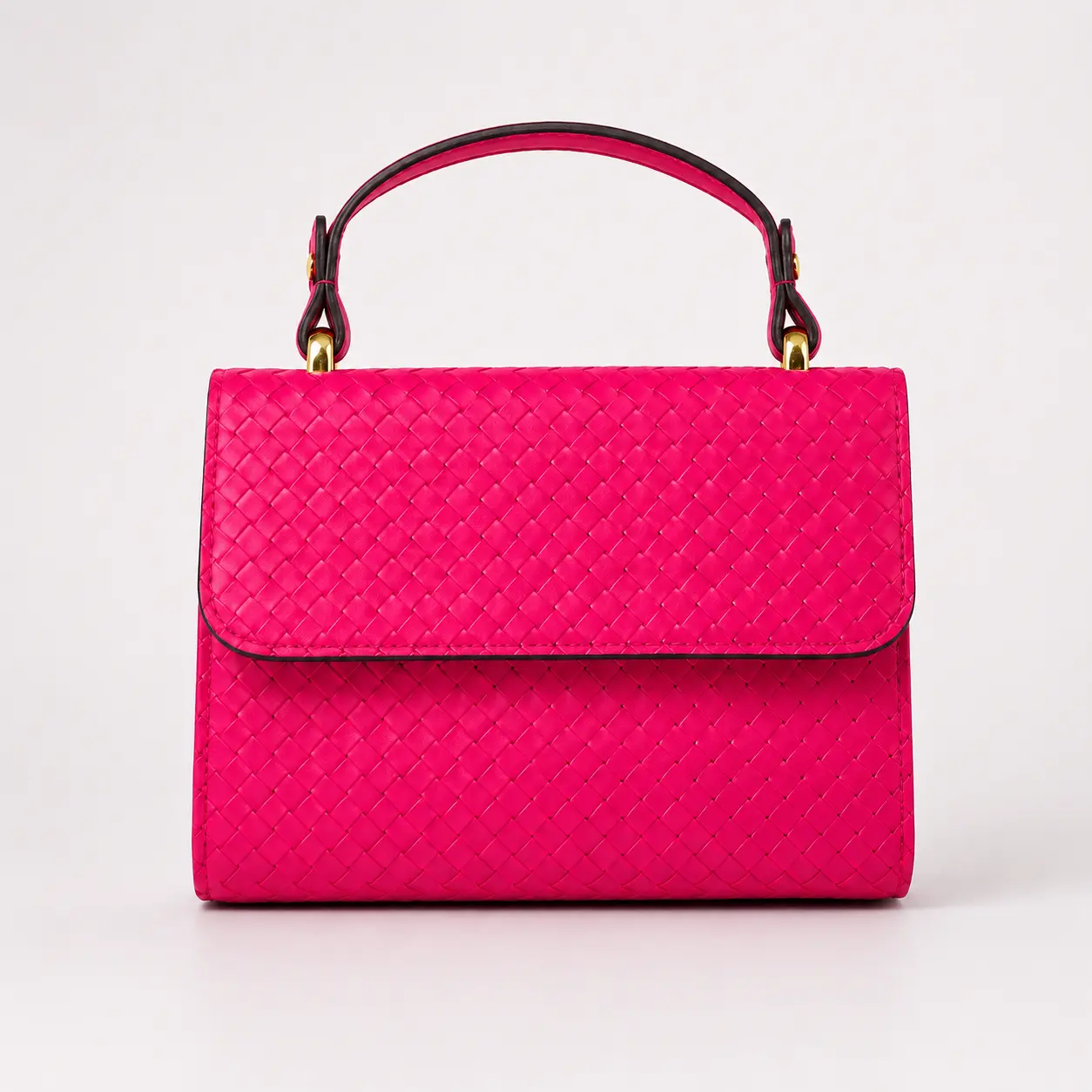 Women’s Hot Pink Woven Top Handle Satchel, Structured Flap Handbag with Gold-Tone Hardware for Brunch, Dates and Special Occasions erin bag ita casual everyday hobo horse clementine classic handheld picnic basket small square bow tote customized durable