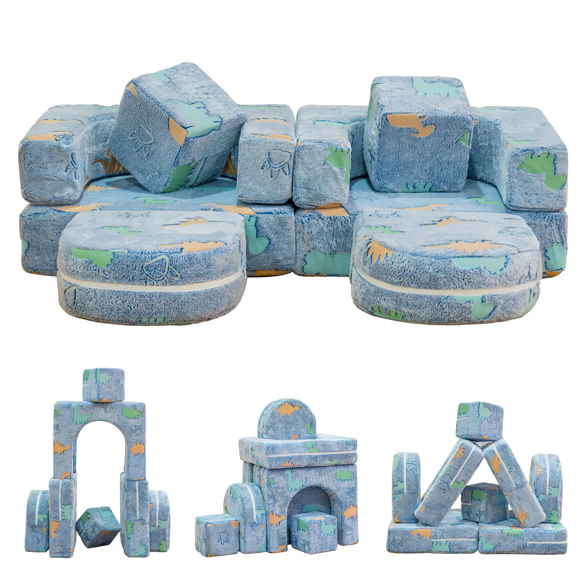 Lamerge Kids Modular Animal Cartoon Sectional Sofa - High-Density Foam Furniture, Corduroy Fabric (No Pilling, Breathable to Keep Play Cool), 30s Fort Conversion, Glow-in-the-Dark Toddler Playroom Furniture for Imagination Development