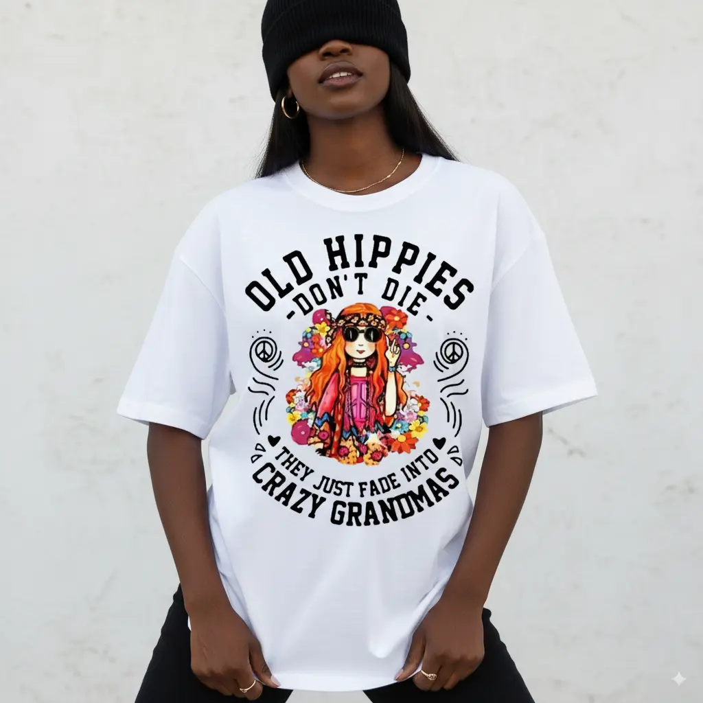 Women's Casual T-Shirt - 'Old Hippies Are Not Dead' White Tee with Floral & Peace Sign, Machine Washable, Hippie Clothing Womenswear