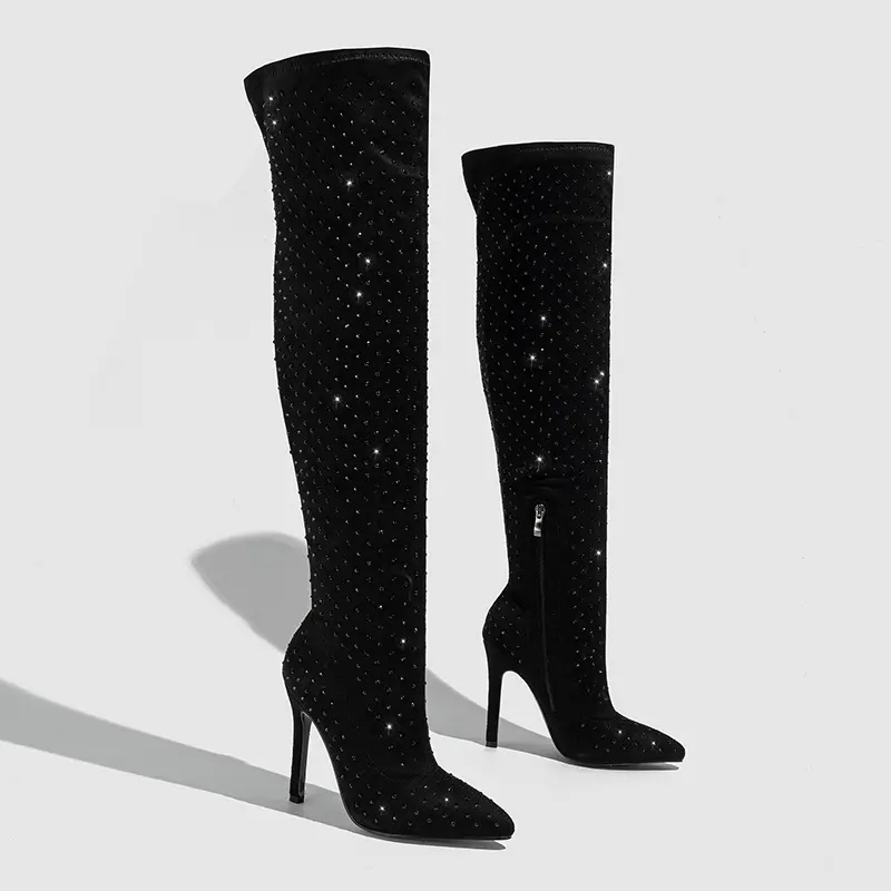 Women's Rhinestone Stretchy Thigh-High Pointed Toe Stiletto Dress Boots - 4.33in/11cm Heel, Elastic Fabric, Side Zip, Stretchy & Secure Fit, Bling Watch Party Statement Shoes for Fall Winter Night Out