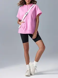 Women's Lady Oversized Half-Zip Short-Sleeve Hoodie, Basic Casual Kangaroo Pocket Relaxed Fit Pullover Sweatshirt, Shortsleeve