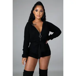 Black Long Sleeve Tie Waist Hoodie Romper