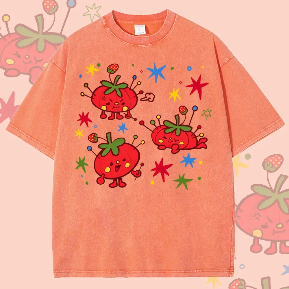 Men's Casual Cotton Short-Sleeve T-Shirt - Menswear, Vintage Washed Beige, Whimsical Food Art Print with Cute Tomato Pincushion Characters, Whimsical Clothes, Multi-Size, Oversize, Pre-Shrunken, Unisex Gift for Kawaii Craft Lovers