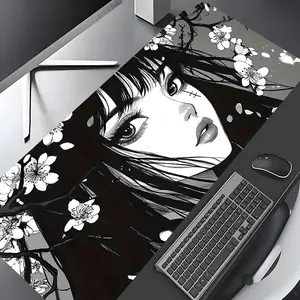 Black and White Anime Girl Cherry Blossom Large Gaming Mouse Pad,Aesthetic Desktop Drotection Pad,Washable Rubber Pad Non-Slip Lock Edge Multi-Size Mouse Pad Suitable For Home Office,Good Gift for Family and friends,Desk Accessories