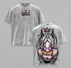 Frieren Streetwear Vintage Washed Anime T-Shirt | Demon Elf Girl Purple Crown Graphic Tee | Oversized Retro Shirt | Heavy Cotton Grunge Gift for Frieren Fans
