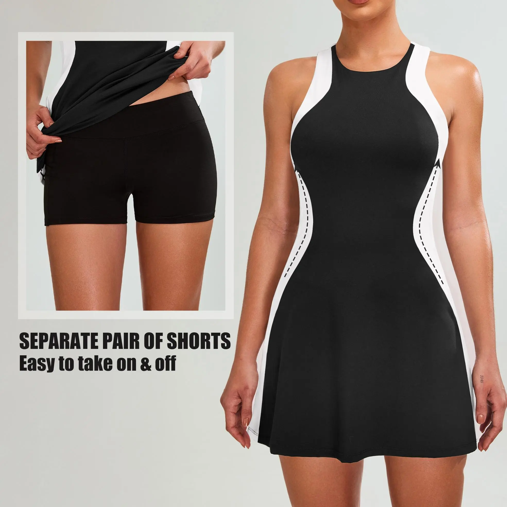 Blooming Jelly Women Tennis Dress Casual Athletic Color Block Outfit Racerback Built in Bra Golf Separate Shorts with Pocket   #SwimWeek #Summervibes