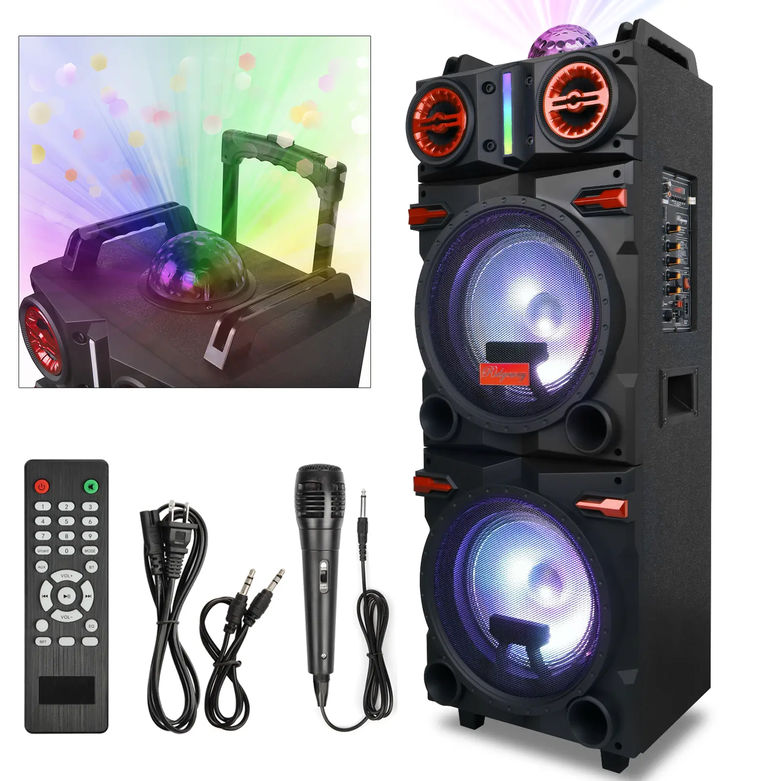 Portable Bluetooth PA Speaker Karaoke Machine 2 x 10" Subwoofer And 1 x 3" Tweeter Loud Party Speaker With Wired Microphone FM LED Light Remote Control