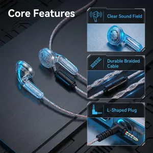 Transparent Retro Flat-Headed Wired Headphones, High-Fidelity Immersive Sound, Durable Anti-Tug Cable, with Inline Controls, Ideal for Students & Commuters