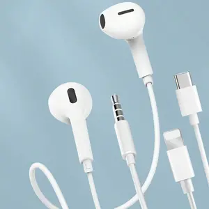 Comfortable Semi-In-Ear Type-C or Lightning Headphones, Wired Earbuds, Hi-Fi Stereo Sound, Sweat-Resistant, Mic & Call Control for Android and Apple Devices, White Semi-In-Ear Wired Headphones