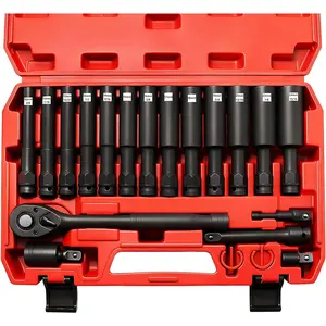 18- 1/2" Drive  Socket Set, Heavy Duty Industrial-Grade Deep Sockets, with  Extension Bar,universal joint, and -resistant adapter, Cr-V Steel -Resistant Coating