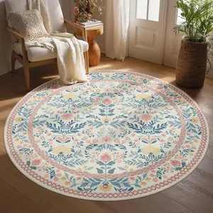 Bohemian Floral Washable Round Carpet, Indoor Non-Slip Rug for Living Room Bedroom Sofa Coffee Table Home Decor