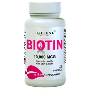 Hallusa Natural Biotin 10000 mcg 60 Capsules for Hair Skin Nails Support Edible Gluten Free Organic Vegan Friendly Supplement