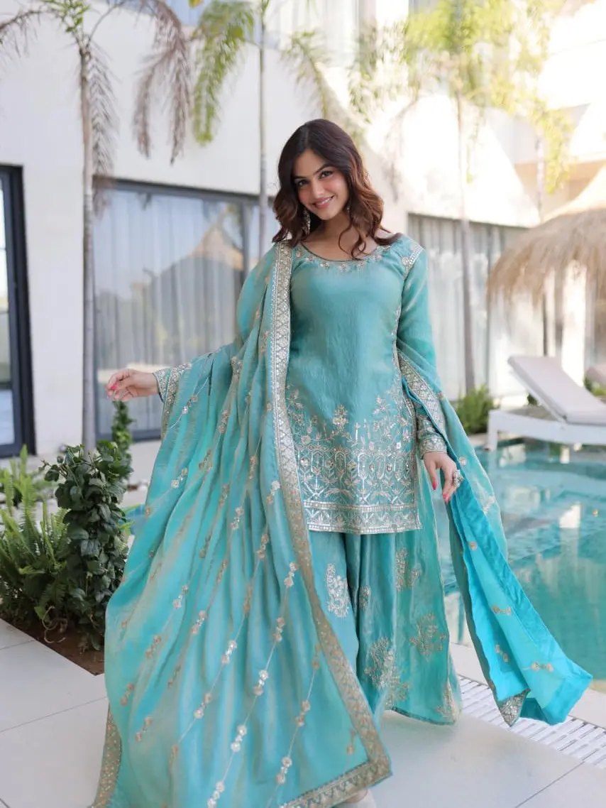 Women’s Ready-to-Wear Silk Top Sharara & Dupatta 3-Piece Set with Zari & Sequin Work