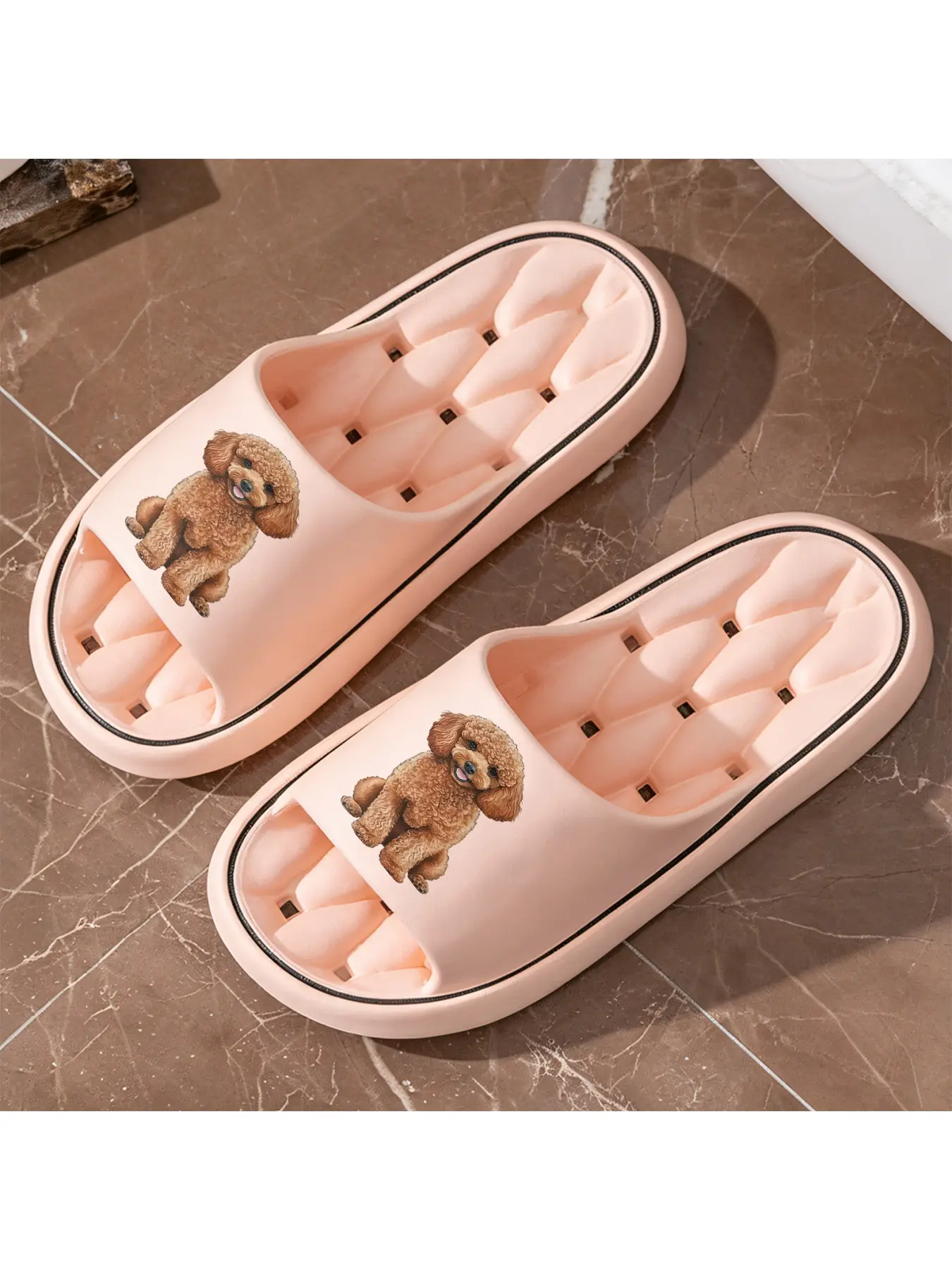 Cute Poodle Print Hollow Out Sole Slippers, Soft Sole Slides for Indoor and Outdoor Wear, Non-slip Breathable Lightweight Comfortable Indoor Slippers, Quick-drying Slippers for Bathroom Shower, All