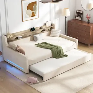[Summervibes] [Memorialday] ALBOTT Twin Daybed with Trundle and LED Night Light, Upholstered Velvet Bed Frame with Storage Headboard, USB Charging, Space-Saving for Bedroom, Living Room, Guest Room, No Box Spring