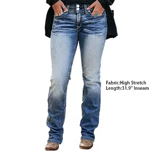 Flamingals High Stretch Dual Button Mid Waist Straight Leg Jeans 31.9" Inseam Women's Fashionable Denim Pants with Stitch Detail