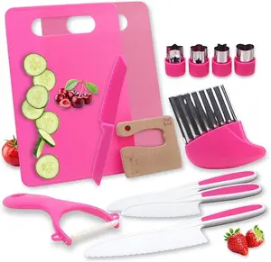 Summer Spring Gift Kids Kitchen Knife Set, Kids Knife Set Include Serrated Edges Plastic Valentine Toddler Knife,Kids Knives For Real Cooking With Cutting Board