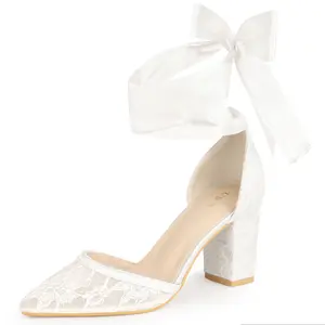 BLISSFUL STEP Lace Up Pointed Toe Bridal Block Heels Wedding Lace Pumps for Women
