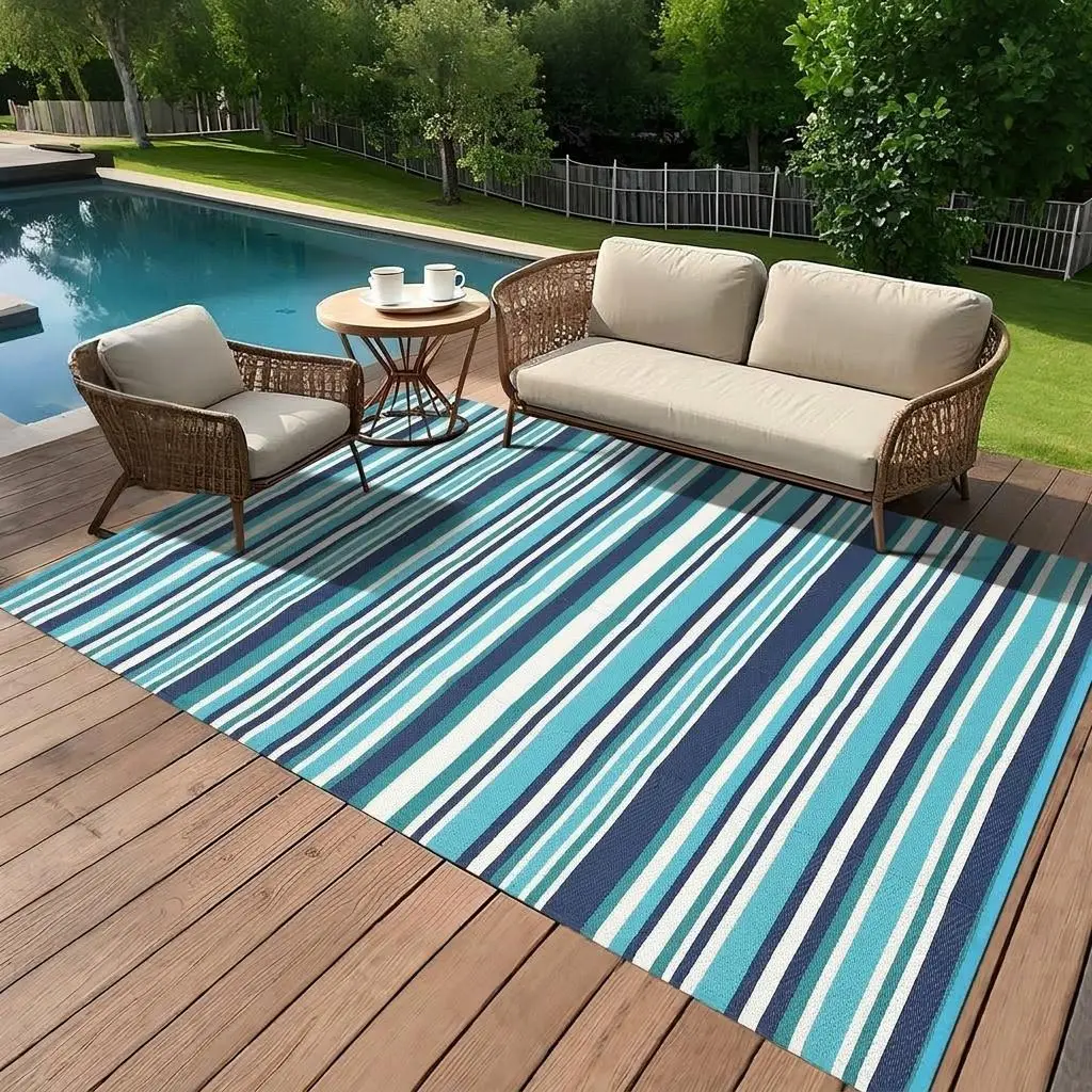 Garvee Outdoor Rug Modern Geometric Plastic Straw Woven Rug Portable Outdoor Decorative Rug Double-Sided Foldable Easy to Clean for RVs Beaches Picnics Patios and Balconies waterproof patio rug