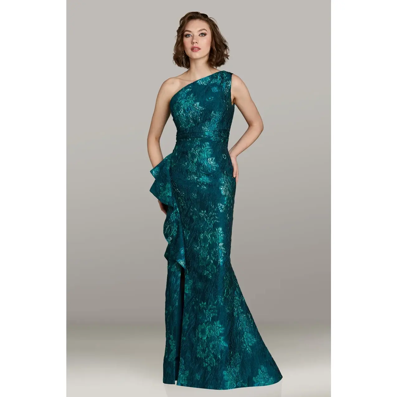 Feriani Couture One Shoulder Jacquard Evening Gown 18443