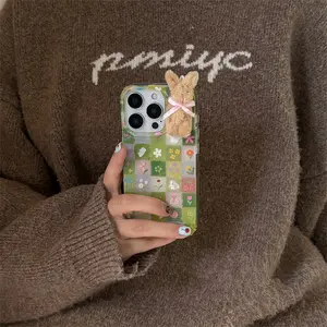iPhone 13/14/16/17 Pro Max Protective Shockproof phone case | Double layer IND | Green grid floral rabbit splicing | 3D plush rabbit | Best friend gift | Crystal transparent white IND for iPhone 11 12 13 14 15 16 17 Pro Max