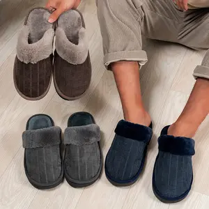 Men’s Corduroy House Slippers: Plush-Collared Slide/Slip-On Style, Fuzzy-Lined for Cozy Winter Lounging