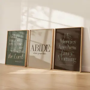 Abide Christian Wall Art Set of 3 | Scripture Print Trio | Neutral Brown Green Faith Decor | Joshua 24:15 | Christian Home Wall Art Download