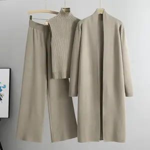 2024 fall and winter new lazy temperament knitting set, sleeveless undershirt sweater cardigan pants three-piece set