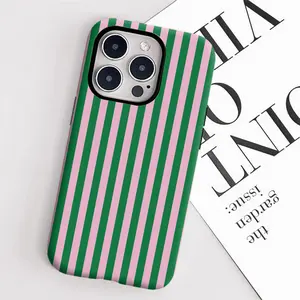 Striped Pink And Green Phone Case for Iphone 16 PM, 15 PM, 13, 13 Mini, 12, 11, XS Max, 7, SE2, Glossy 2-In-1