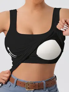 1PCS Women's U-Back Square Neck Ribbed Tank Top with Padded Bra, Slimming Innerwear, Solid Color Layering Cami, Casual Wear
