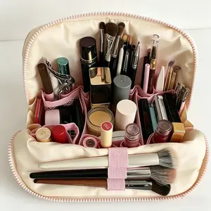 Portable Foldable Makeup Brush Storage Bag, Compact Waterproof Cosmetic Pouch with Independent Compartments & Heavy-Duty Smooth Zipper for Women Travel Essentials