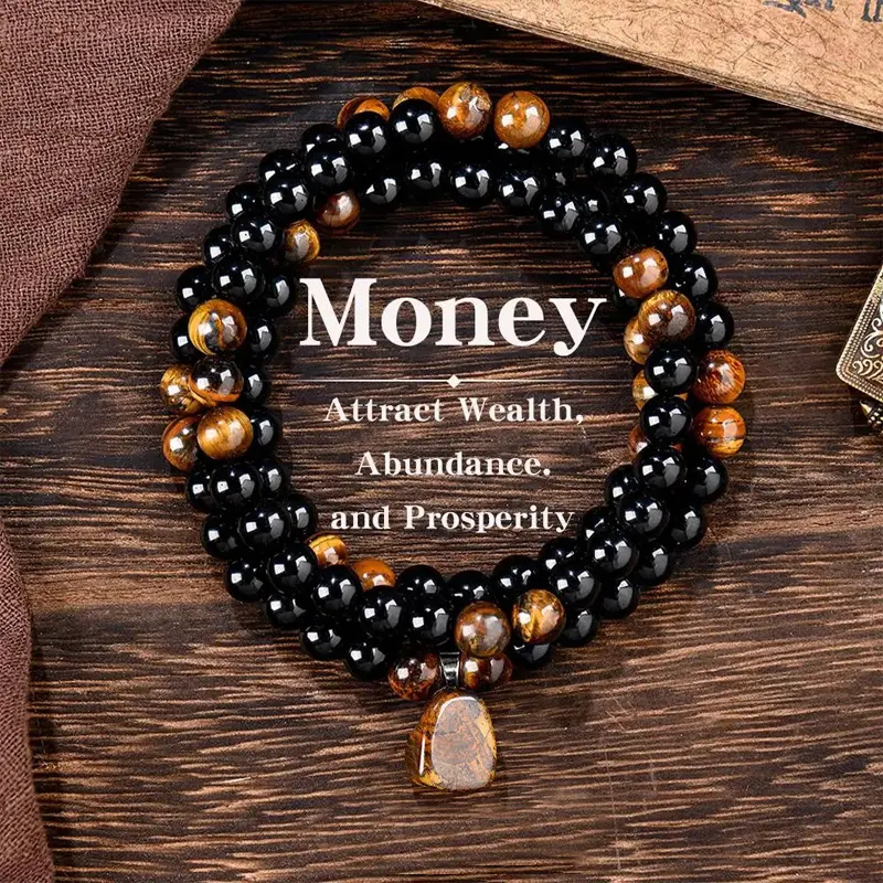 AuraStrand wealth necklace featuring a natural tiger’s eye pendant, crafted from healing crystals and obsidian. Suitable for anniversary celebrations, vacations, and themed parties; combines jewelry charm with abundant crystal energy—an ideal gift.