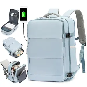 Airline-Approved 15" Laptop Travel Backpack for Women Light Blue Polyester with Adjustable Straps Shoe Compartment & USB Charging Port - Ideal for School & Work Trips Laptop Bag