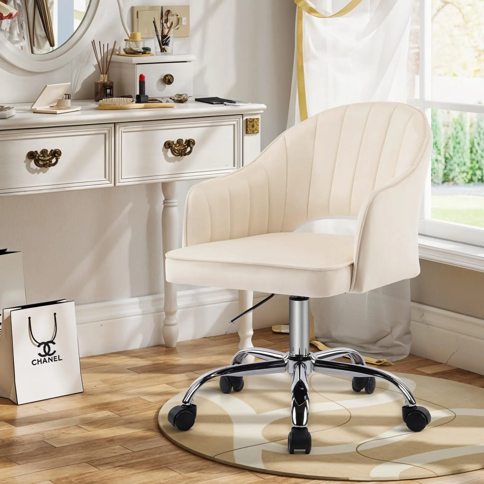 MOJAY Velvet Swivel Accent Chair - Criss Cross Gold Height-Adjustable Desk Chair for Vanity Desk & Commercial Office Use (360°Swivel, Ideal for Girls)