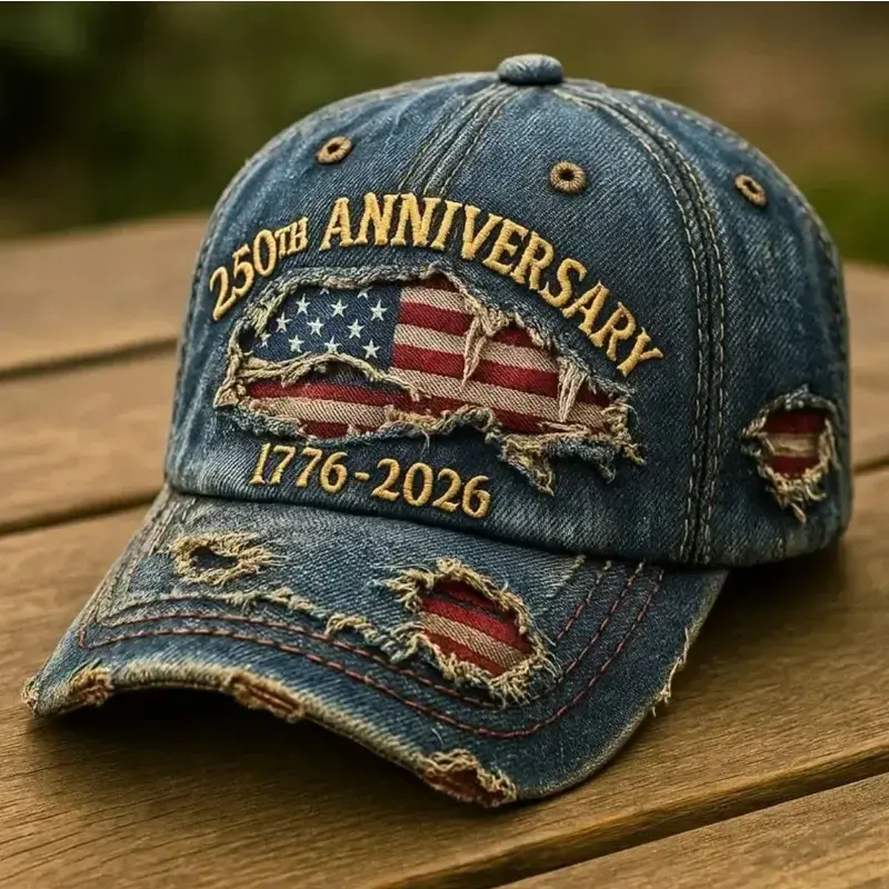 250th Anniversary Mens Hat, Patriotic Distressed Denim Baseball Cap with American Flag Embroidery, Vintage Washed Relaxed Fit, 1776-2026, Mens Hats