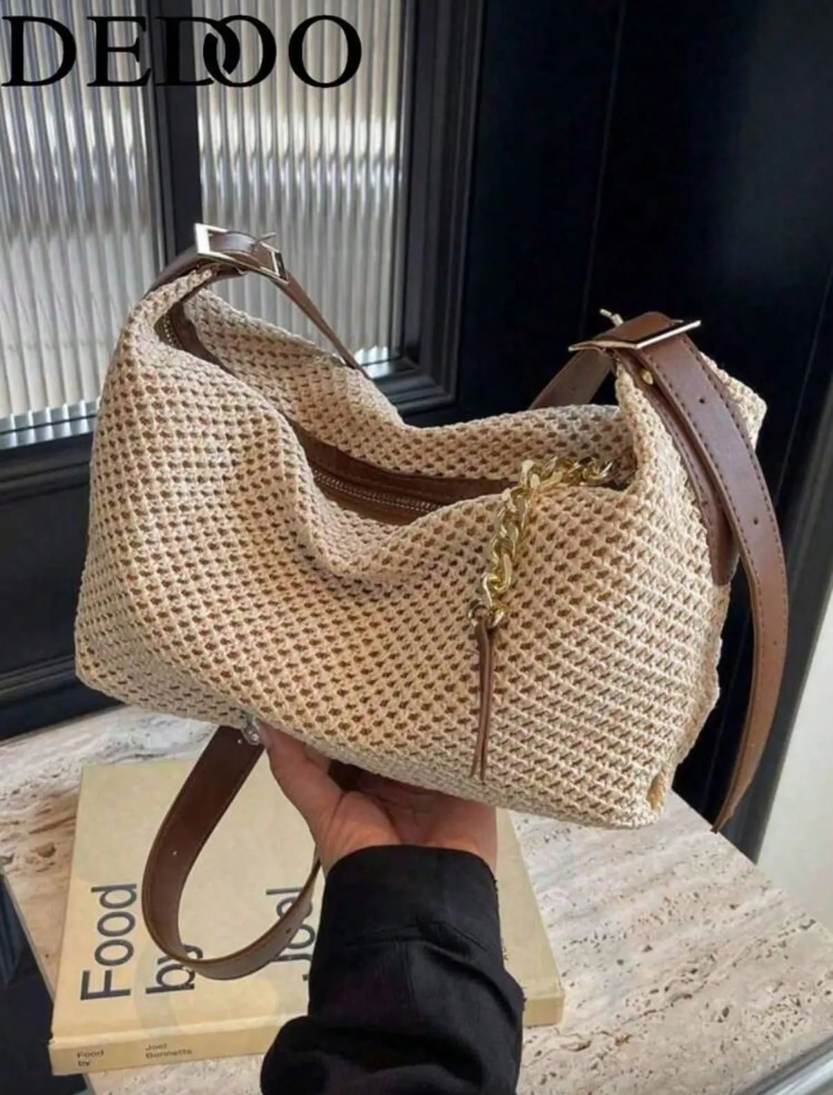 Fashionable Summer Beach Straw Woven Shoulder Crossbody Bag, Lazy Bag Full of Casual Vacation Vibe Hollow Mesh Woven Slouch Hobo Bag, Simple Vintage Colorblock Chain Zipper Purse, Perfect for Travel, Vacation, Holiday, Eye-Catching Beach Bag