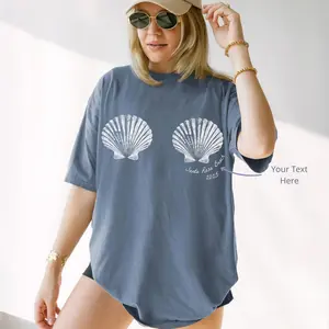 Customizable Text Seashell Mermaid Bra Graphic Oversized T-Shirt Women's Coastal Beachy Mermaidcore Preppy Summer Vacation Dusty Blue Cotton Personalized Bachelorette Party Girls Trip Retro Y2K Graphic Tee Shirt Top