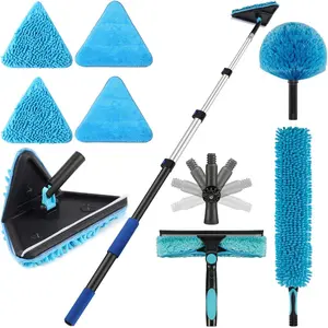 20 Foot Painted Wall Cleaner Mop with 12 Ft Heavy Duty Extension Pole, 3-in-1 High Ceiling Cleaning Tool with 4 Microfiber Chenille Pad, Cobweb Duster, Fan, Baseboard, Window  Kit (12ft)
