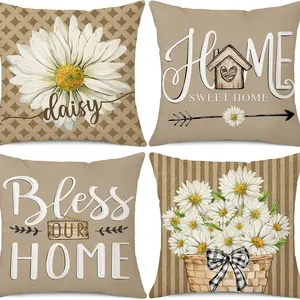 Daisy Pillow Cover Set, Sweet Home Bless Design, Spring Summer Decorative Cushion Covers, Suitable for Sofa Living Room, 16x16/18x18/20x20 Inch