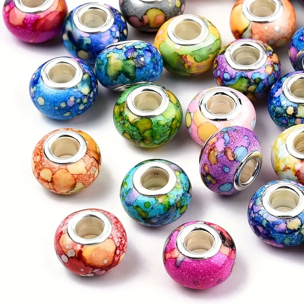 100pcs Large Hole Watercolor Colorful Resin Rondelle Beads with Silvery Brass Cores, Bead Mix DIY Jewelry Accessories for Bracelets, Necklaces, DIY Pens, Macrame Hair Braids, Colored Epoxy Resin & Bead Assortments