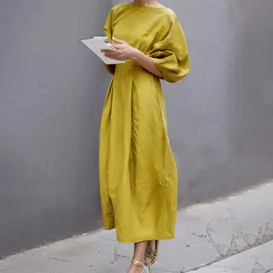 Women's Half Sleeve Loose Plus Size Long Skirt - Solid Color, Round Neck, Casual Summer Comfort, Daily Elegance, Linen Fabric, Comfortable and Breathable, Daily, Commuter Dress Springtok (the size is too large, it is recommended to order a size smaller)