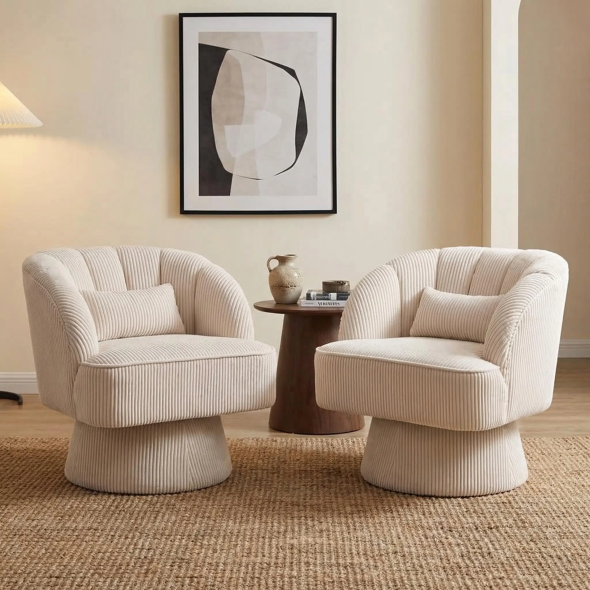 Indoor Furniture Chair - Modern Minimalist Mid-Century Corduroy Barrel Chair, Sturdy Ergonomic with Armrests, 360-Degree Smooth Swivel, 27.6"w x 27.6"d x 27.6"h, Cozy Seating for Living Room Small Space, Modern Minimalist Chairs
