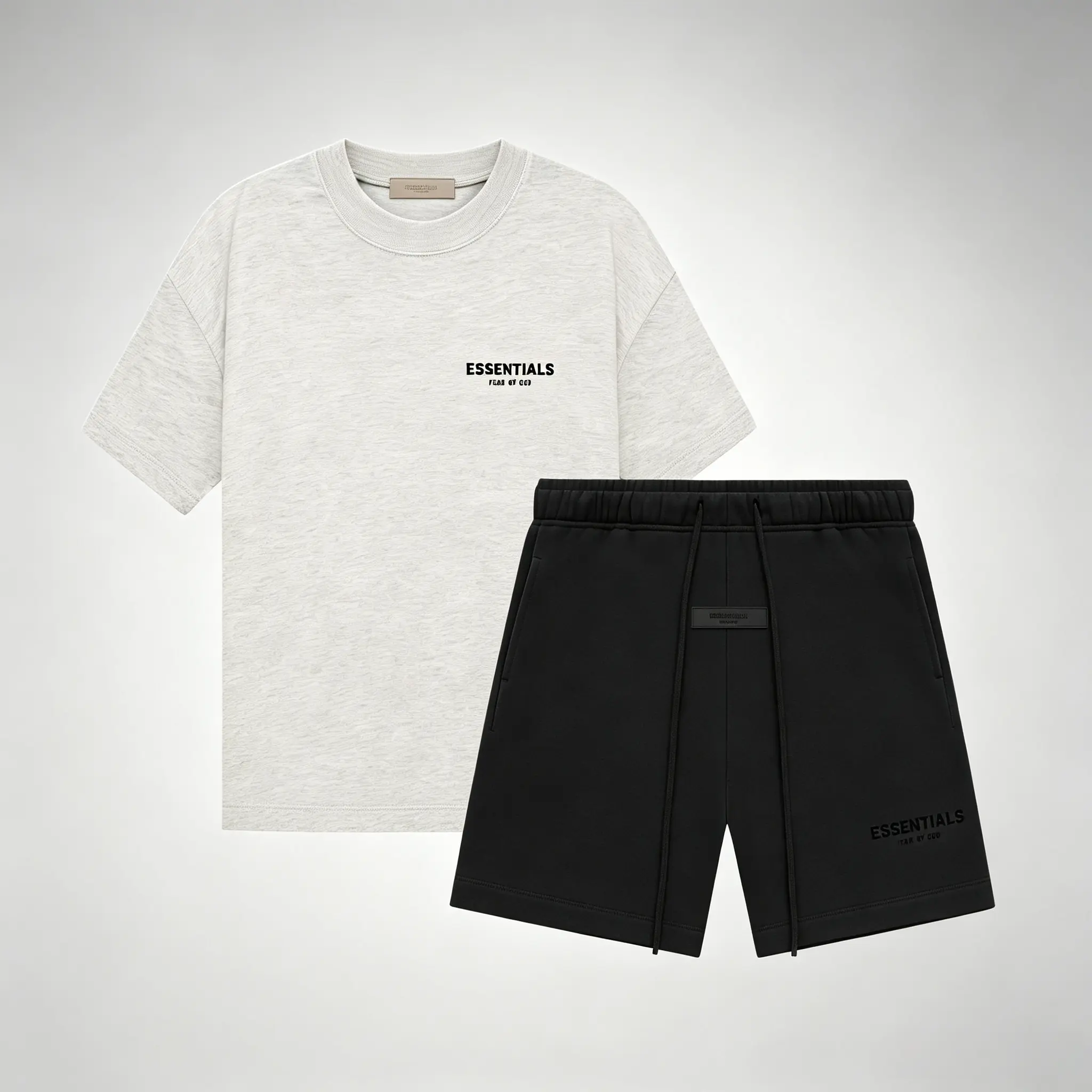 Fear of God Essentials SS22 Two Piece Outfit Set Light Oatmeal Short Sleeve Crew Neck Tee Matching Black Casual Shorts Premium Streetwear Co-Ord Set for Men Women